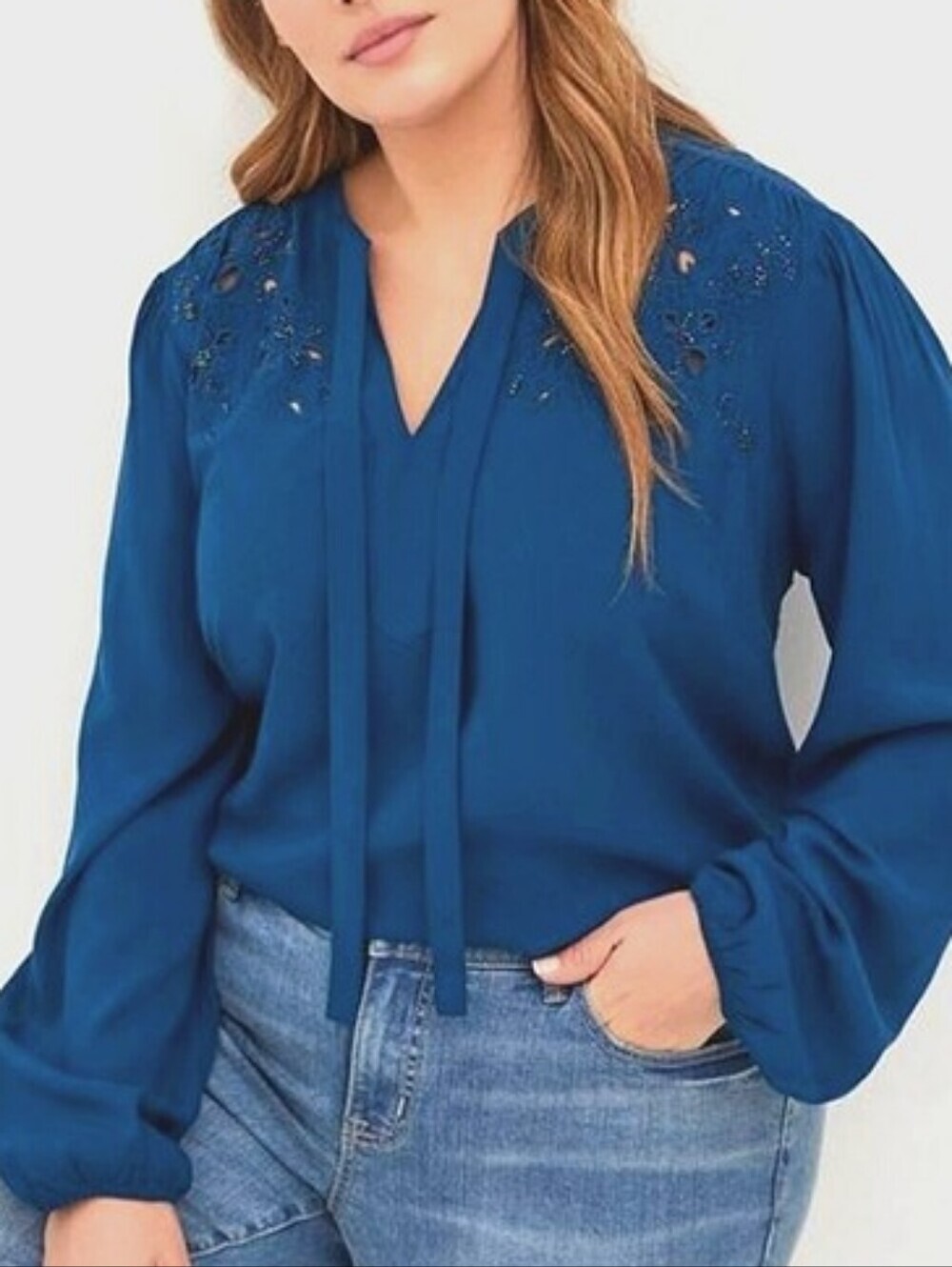 torrid Navy Blue Embroidered Tie-Neck Blouse ...Size:4